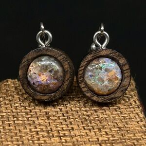Louisiana Hidden Fire Opal Drop Earrings Set In Custom Natural Eucalyptus Wood
